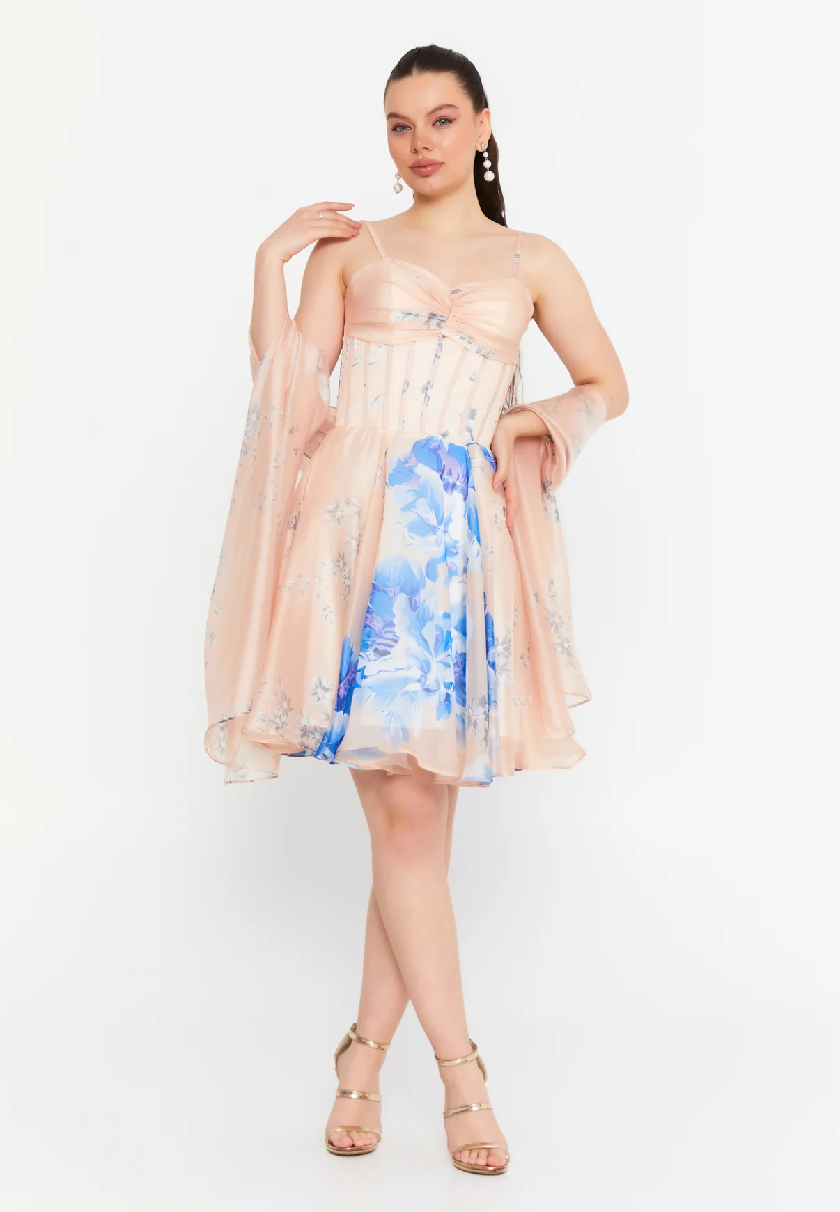 Rochii Cocktail/Mini - Rochie Cocktail cu Corset Satinat cu Imprimeu