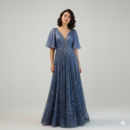 Produse - Rochie din Tulle Brodat cu Sclipiri, Mâneci Fluture Plisate, Albastră