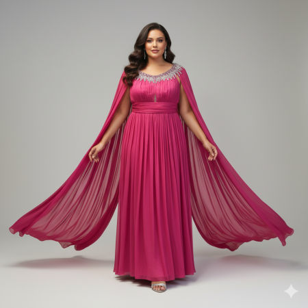 Rochii Ocazie - Rochia Fucsia cu Capă Vaporosă și Decolteu Împodobit