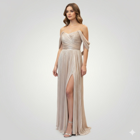 Produse - Rochie Nuanța Aur Pal, Bretele Subțiri Căzute pe Umeri, Plisată