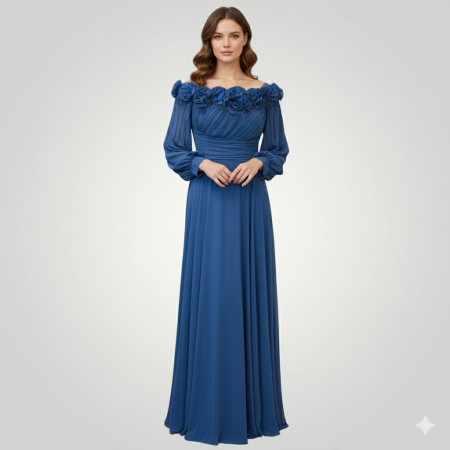 Produse - Rochie Maxi Elegantă din Chiffon, Off-Shoulder, cu Aplicații Florale 3D și Mâneci Lungi