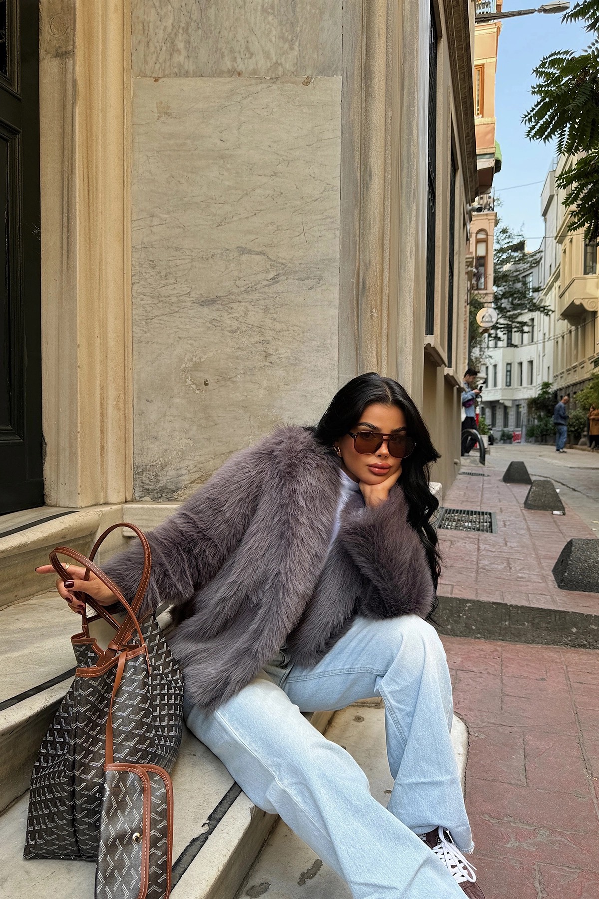 Haină din Blană Artificială Gri Antracit [4]