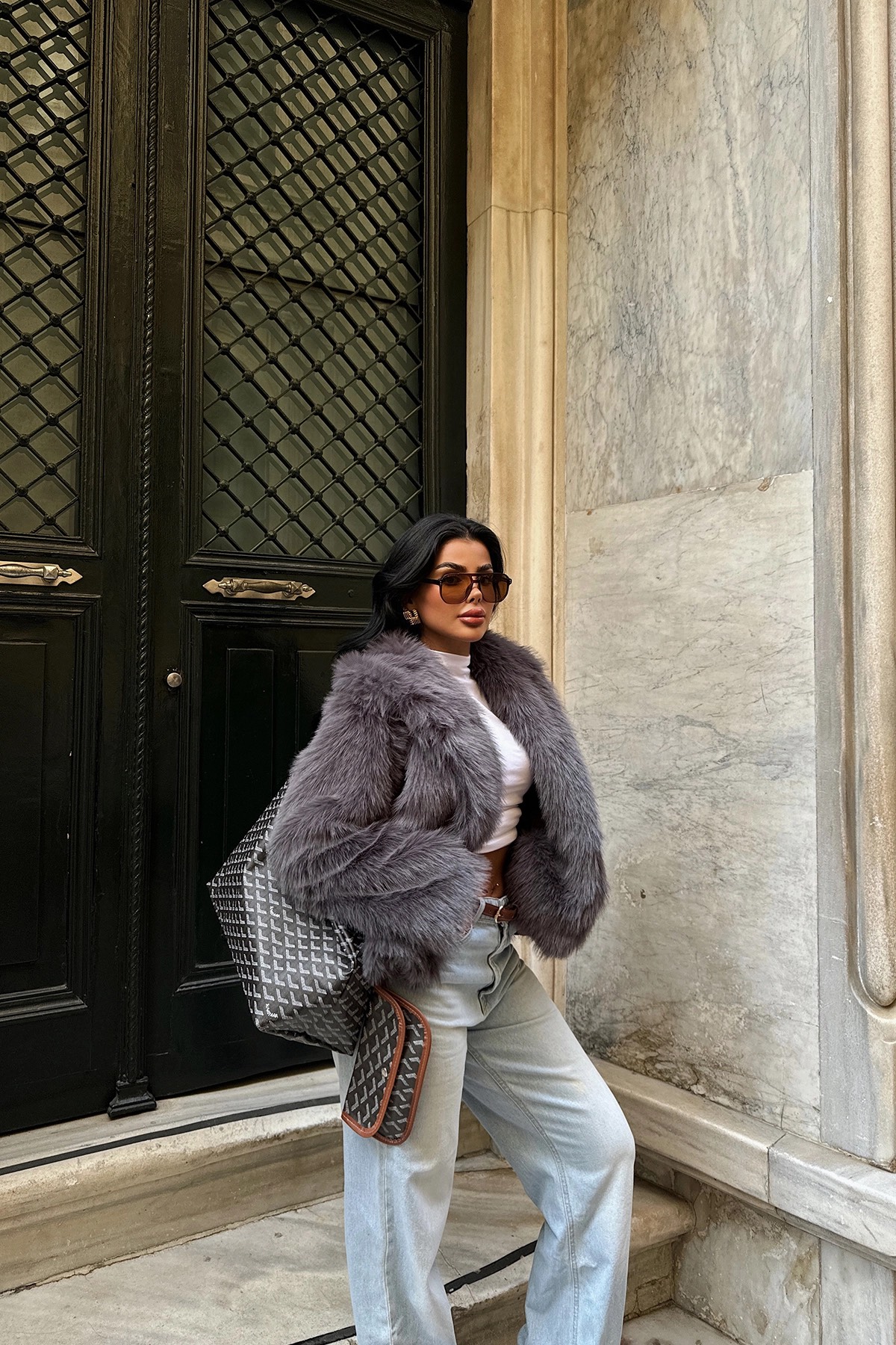 Blănuri - Haină din Blană Artificială Gri Antracit