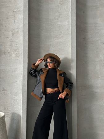 Jacheta din Piele cu Fermoar și Blană, Negru-Maro [3]