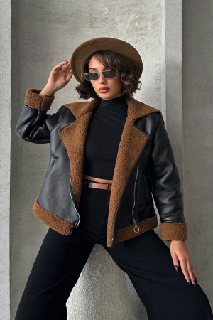 Jachete Damă - Jacheta din Piele cu Fermoar și Blană, Negru-Maro