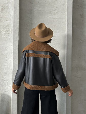 Jacheta din Piele cu Fermoar și Blană, Negru-Maro [4]