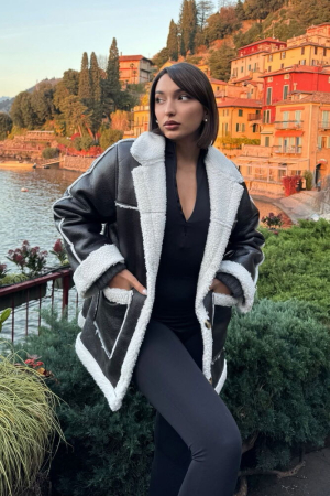 Jachetă din Piele Ecologică cu Blaniță Contrastanată - Negru/Alb [1]