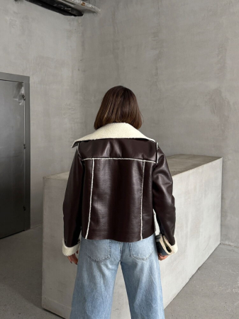 Jacheta din Piele Ecologică cu Blăniță, Maro cu Crem [9]