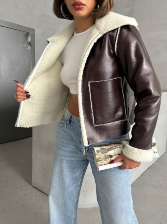 Jacheta din Piele Ecologică cu Blăniță, Maro cu Crem [8]