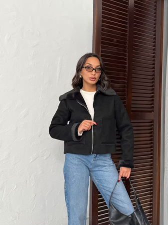 Jachete Damă - Jacheta din Piele Întoarsă stil Aviator cu Guler din Blană Ecologică, Neagră