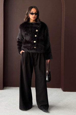 Blănuri - Jachetă Neagră din Blană Artificială cu Nasturi Aurii