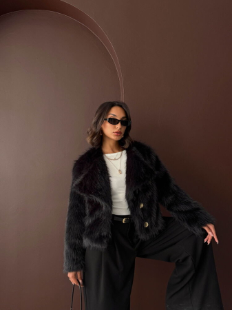 Jachetă Neagră din Blană Artificială cu Nasturi Aurii [2]