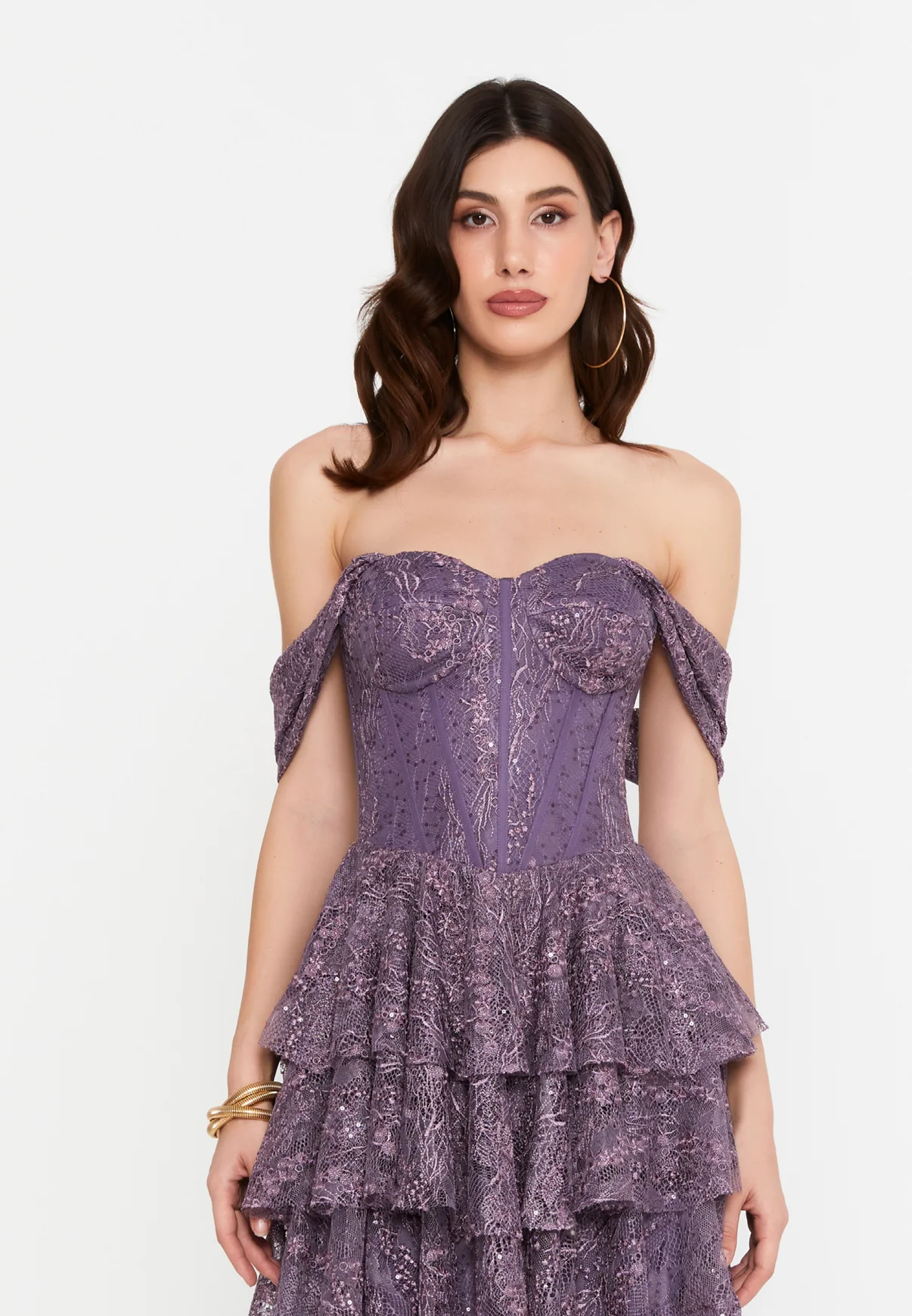 Rochia Mini Mov cu Corset și Volane Din Dantelă [3]