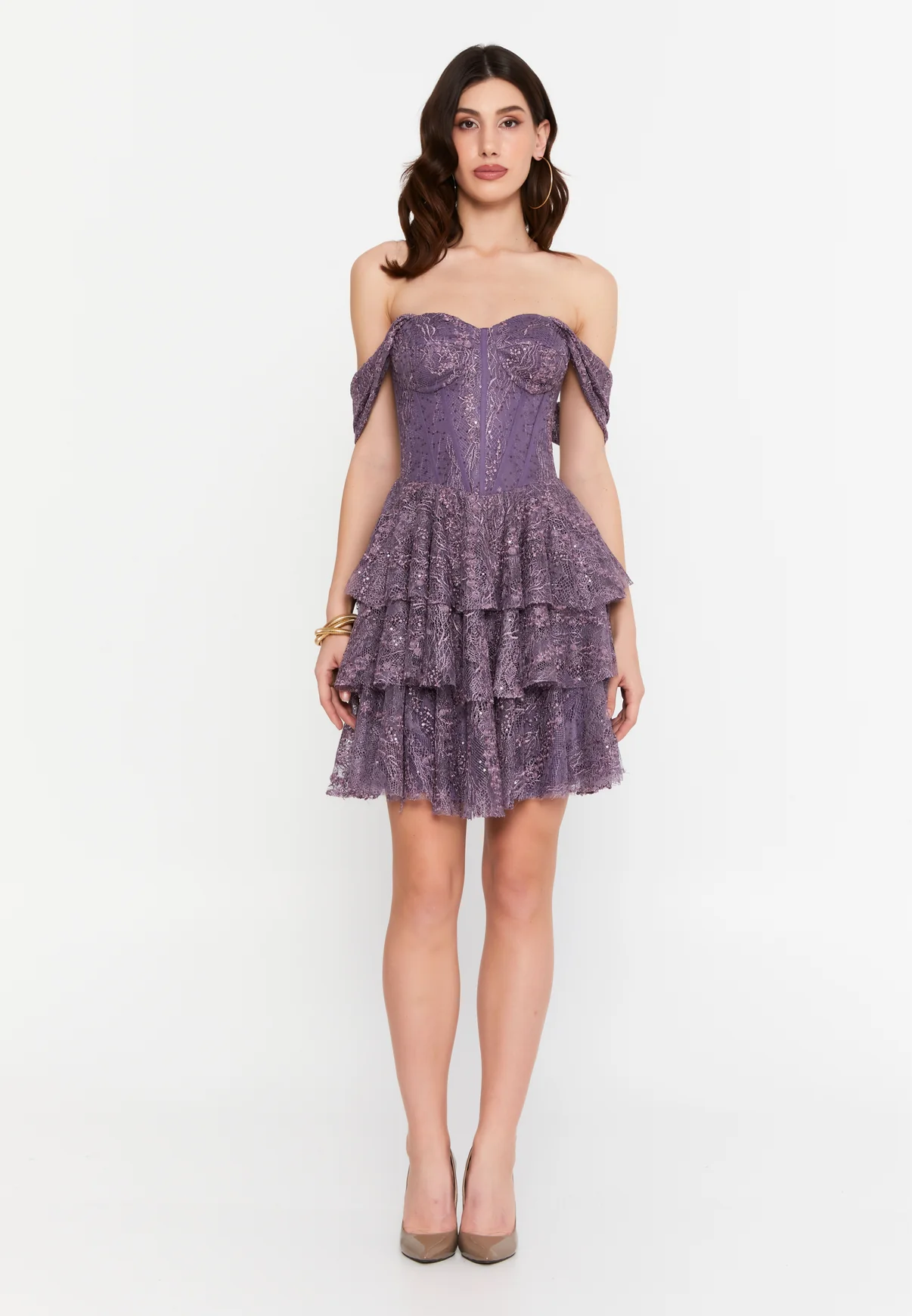 Produse - Rochia Mini Mov cu Corset și Volane Din Dantelă