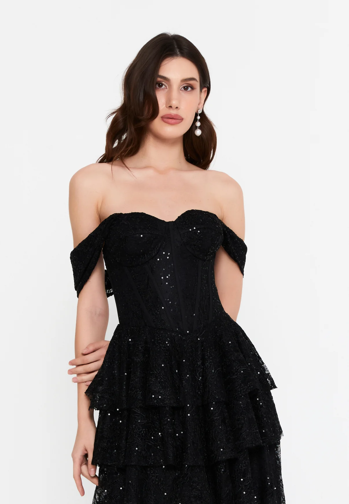 Rochia Mini Neagră cu Corset și Volane Din Dantelă [3]