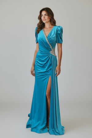 Produse - Rochie Albastru Electric cu Decolteu Petrecut și Cristale