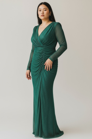 Produse - Rochie din Plasă Brodată Sclipitoare, cu Decolteu în V și Drapaj