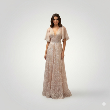 Rochii Ocazie - Rochie din Tulle Brodat cu Sclipiri, Mâneci Fluture Plisate, Bej Nude