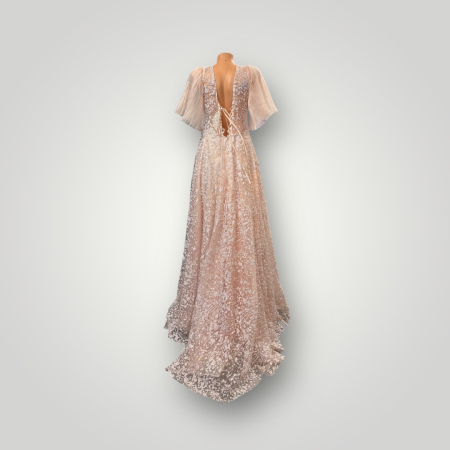 Rochie din Tulle Brodat cu Sclipiri, Mâneci Fluture Plisate, Bej Nude [2]