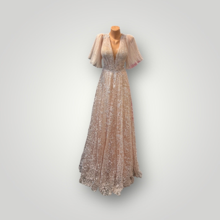 Rochie din Tulle Brodat cu Sclipiri, Mâneci Fluture Plisate, Bej Nude [1]