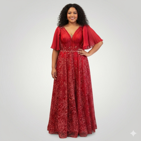 Rochii Ocazie - Rochie din Tulle Brodat cu Sclipiri, Mâneci Fluture Plisate, Roșie