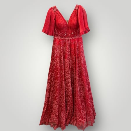 Rochie din Tulle Brodat cu Sclipiri, Mâneci Fluture Plisate, Roșie [1]