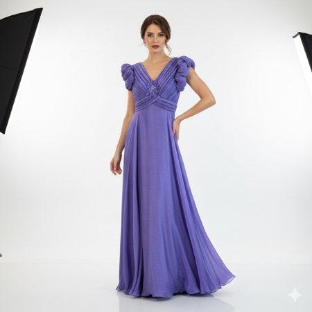 Produse - Rochie Eleganta Mov Cu Mâneci Fluture Plisată cu Accesoriu Floral