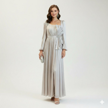 Produse - Rochie Elegantă Plisată Gri Deschis