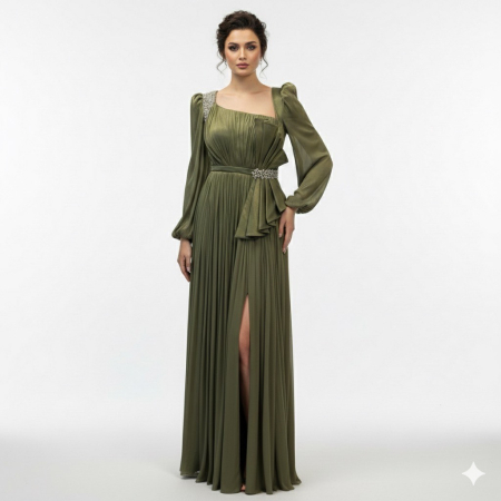 Produse - Rochie Elegantă Plisată Olive