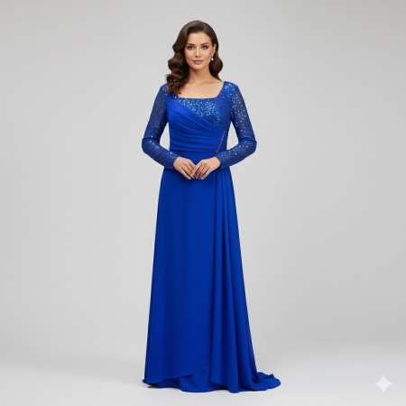 Produse - Rochie Maxi Elegantă din Elastan, Albastru Regal, cu Mâneci din Paiete și Bust Drapaj