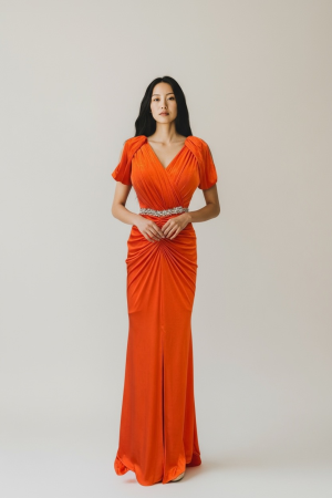 Produse - Rochie Portocalie cu Drapaj Petrecut și Cristale pe Talie