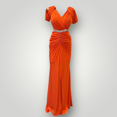 Rochie Portocalie cu Drapaj Petrecut și Cristale pe Talie [1]