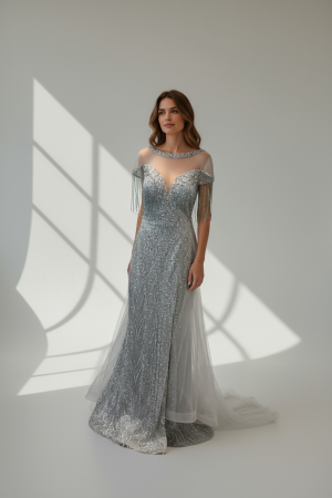 Rochie Tip Sirenă, din Tulle cu Glitter, Franjuri și Trenă Detașabilă [2]