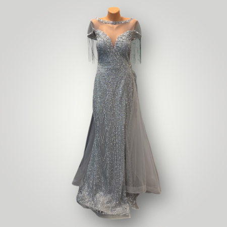 Rochii Ocazie - Rochie Tip Sirenă, din Tulle cu Glitter, Franjuri și Trenă Detașabilă