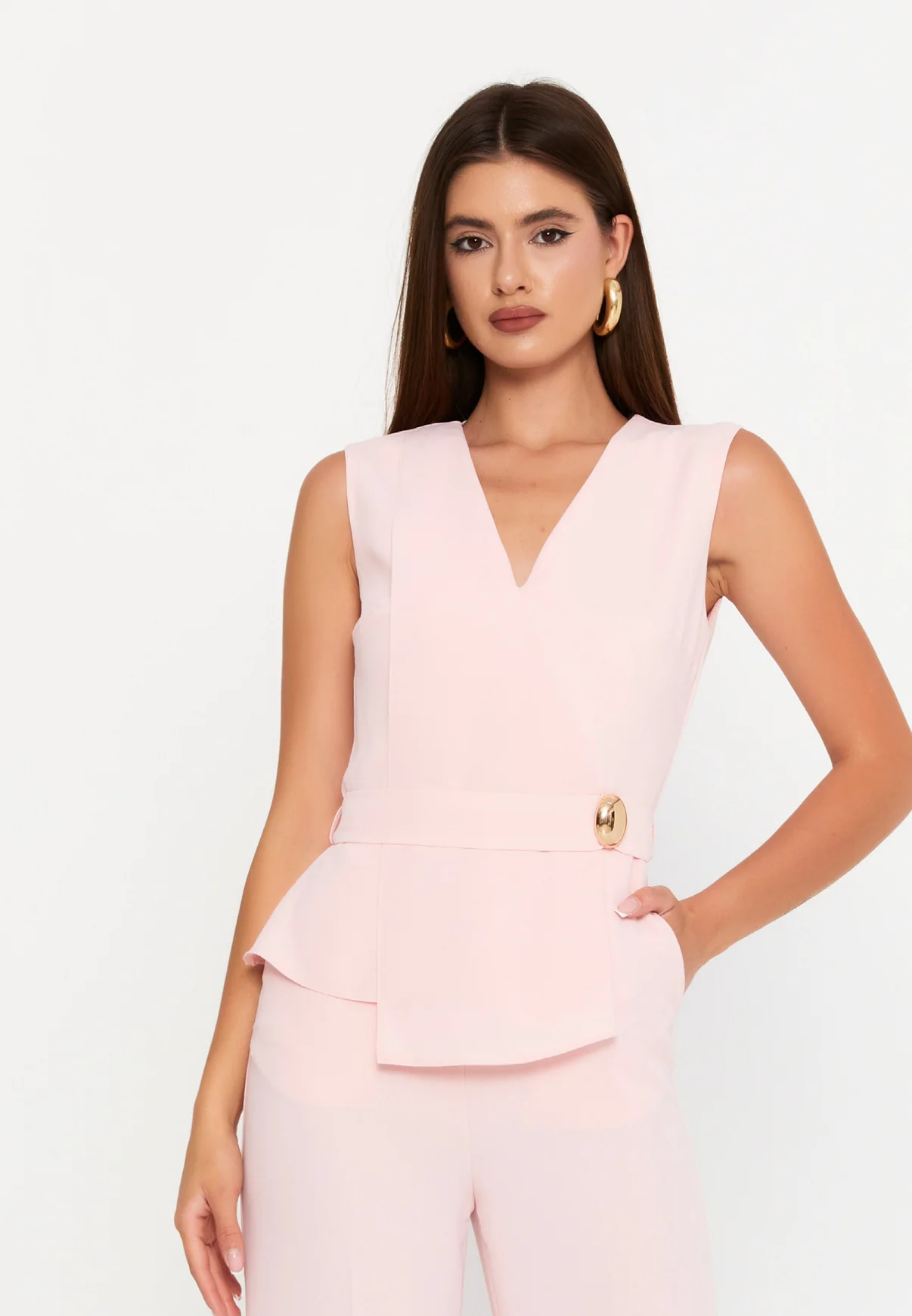 Salopeta Roz Pudrat cu Peplum și Decolteu V [1]