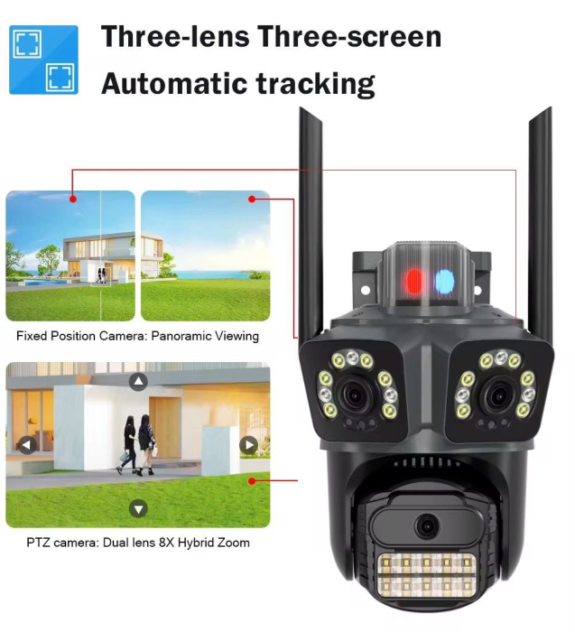 Titlu Produs: Cameră de Supraveghere Triplă Wi-Fi 5K, 3 Lentile, Zoom 5X, Night Vision Color, Audio Bidirecțional, Rezistentă la Intemperii IP66 [2]