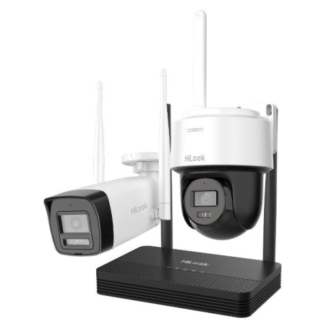 Kit supraveghere video - Kit 2 camere Wifi bullet + PT cu NVS HiLook IKS-2042BPH-PH/W, 2MP, lentila 2.8mm, IR 30m, lumina alba, detectie miscare