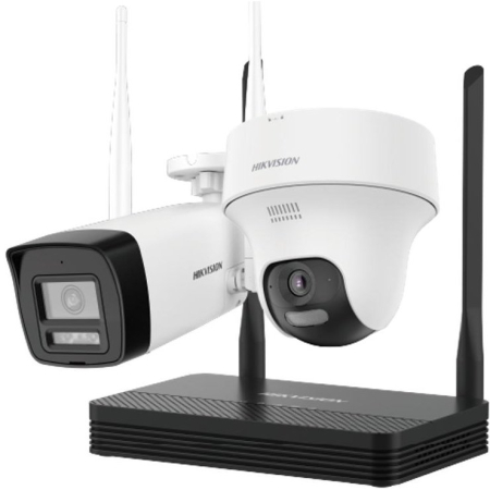 Kit supraveghere video - Kit 2 camere Wifi bullet si PTZ cu NVS HiLook IKS-2044BTH-PH/W, 4MP, lentila 2.8mm, IR 30m, lumina alba, microfon si difuzor, detectie miscare