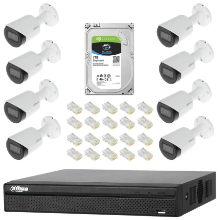 Kit supraveghere video - Sistem complet de supraveghere IP Dahua DH-8CEXT30MIP-2MP cu 8 camere de 2MP, IR 30m, Starlight, POE