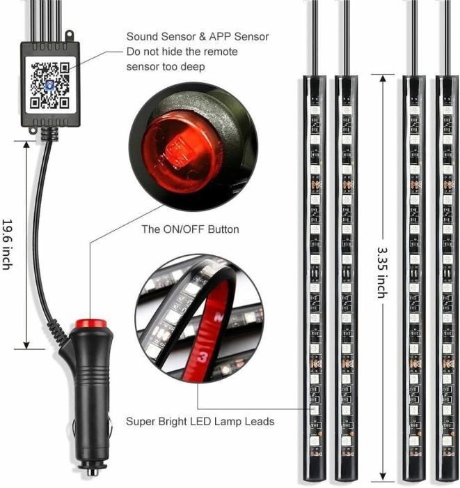 Lumini auto ambientale LED 12V, control prin telecomandă sau aplicație telefon – kit iluminare interior, en-gros [4]