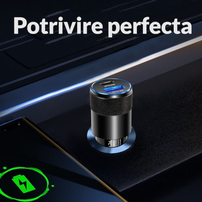 Încărcător auto 68W, 12V, 1x USB & 1x Type-C, încărcare rapidă – Negru, en-gros [5]