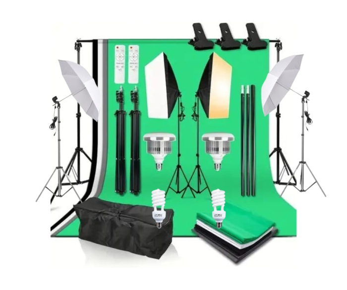 Kit studio foto profesional cu 2 lumini softbox, suport fundal 2x3m, 4 pânze colorate, becuri + geantă transport [1]