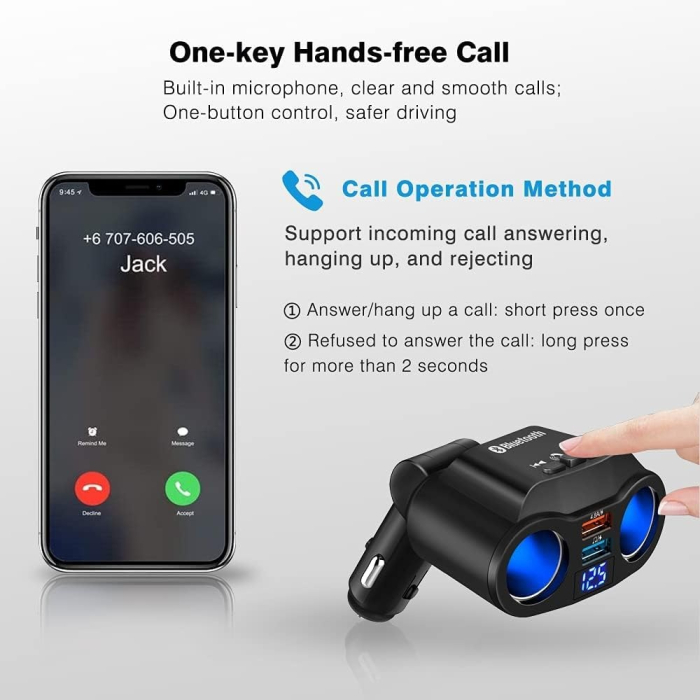 Multiplicator bricheta auto, Modulator FM Bluetooth Handsfree, 2 x USB 4.8A, ecran digital, en-gros [6]