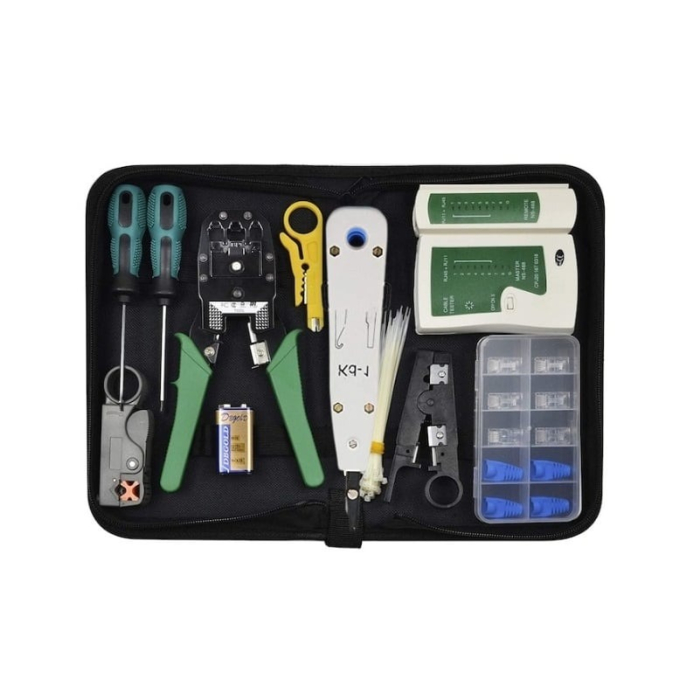 Trusă scule rețea LAN cu tester, clește dezizolat și sertizat, husă depozitare [12]