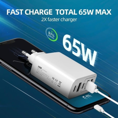 Încărcător universal 65W cu 5 porturi, 2x Type-C și 3x USB, încărcare rapidă, en-gros [6]