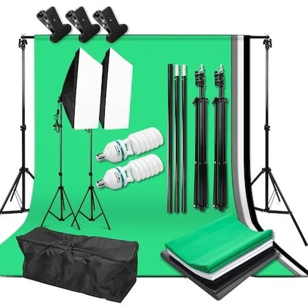 Echipamente foto pentru studio - Kit studio foto cu 2 lumini softbox, suport fundal 2x3 m, 4 pânze și geantă transport
