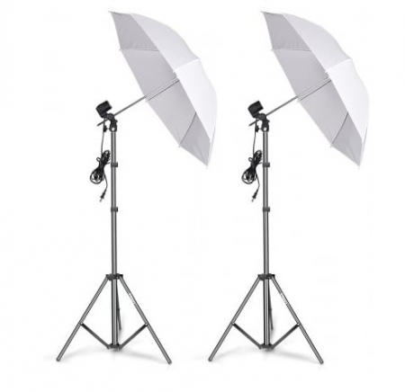 Echipamente foto pentru studio - Kit studio foto-video, 2 umbrele, 2 trepiezi reglabili 80-200 cm, fasung soclu E27, becuri foto spiralate