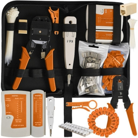 Trusă scule rețea LAN cu tester, clește dezizolat și sertizat, husă depozitare [22]
