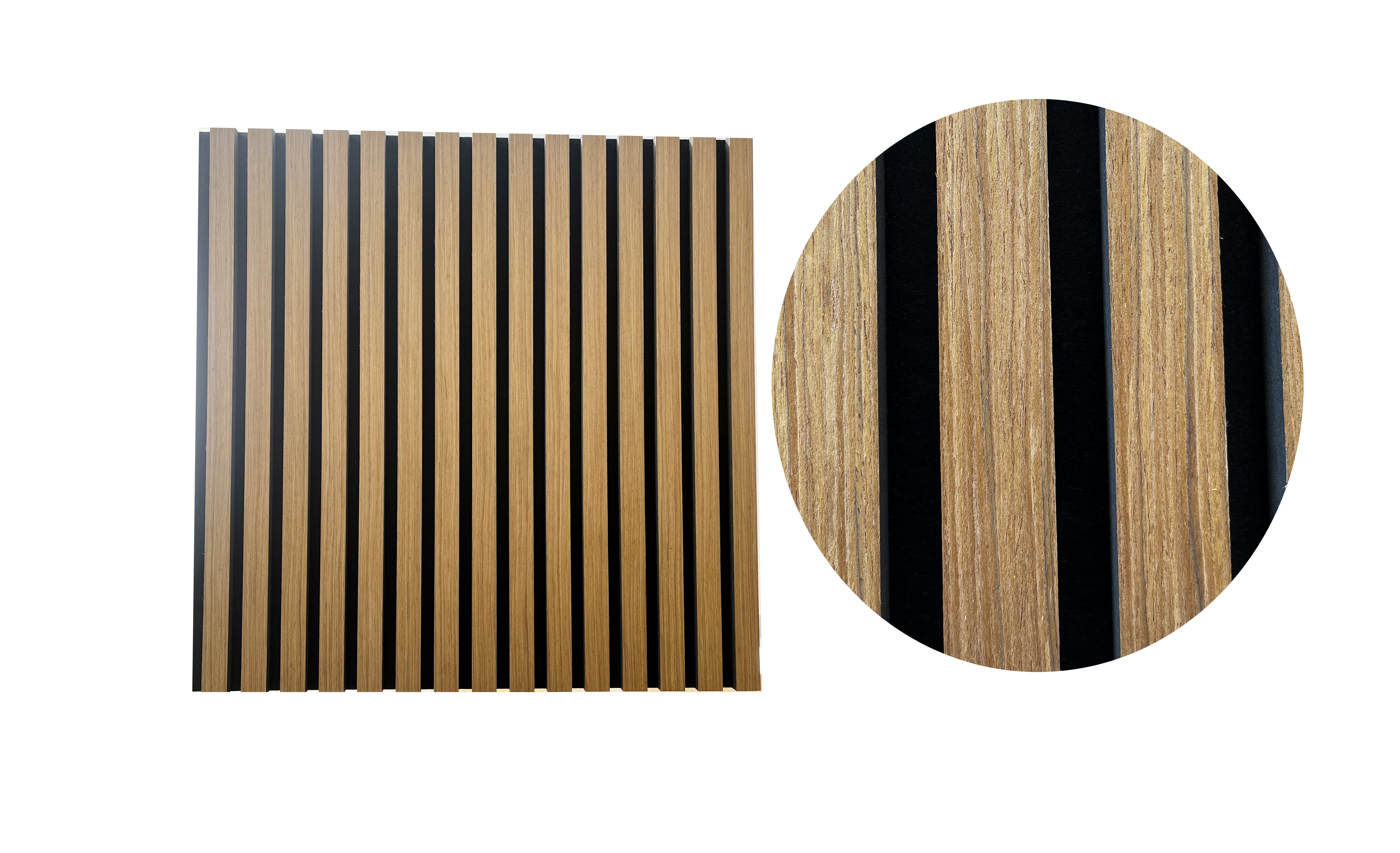 Set de 4 riflaje acustice MDF tec de 600x600 mm montate ca tăblie de pat pe peretele dormitorului [1]