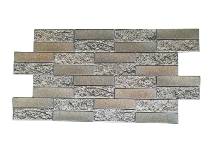 Panou decorativ cărămidă din PVC cu relief maro-gri, montat pe peretele unei bucătării în stil loft [2]